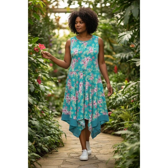 Faded Glory Dresses & Skirts - Tropical Handkerchief Hem Dress, Y2K Floral Midi Dress, Cottagecore Tropical